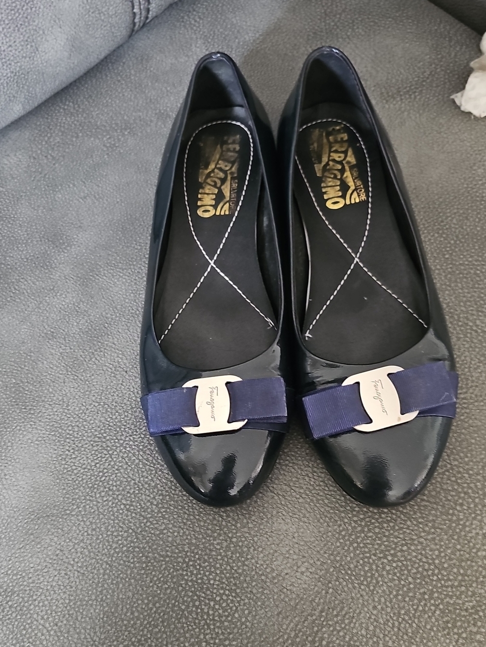 Salvatore Ferragamo Navy Patent Vara Bow Flats